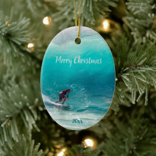 Custom Dated Surfer Surfing Wave Curl Ocean Water  Ceramic Ornament