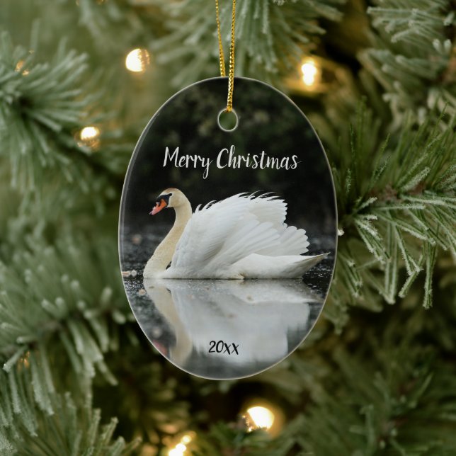 Custom Dated Swan Bird Animal Wildlife Ceramic Ornament (Tree)
