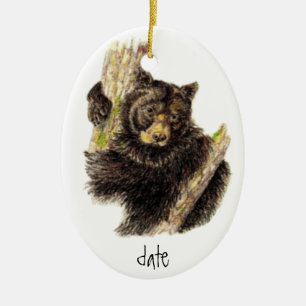 Custom Dated Watercolor Black Bear Animal Ceramic Ornament