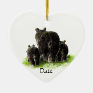 Custom Dated Watercolor Black Bear Family Ceramic Ornament