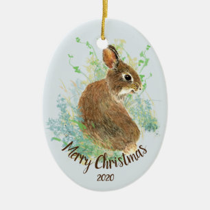 Custom Dated Watercolor Bunny Rabbit Animal Art Ceramic Ornament