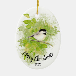 Custom Dated Watercolor Chickadee Bird Poplar tree Ceramic Ornament