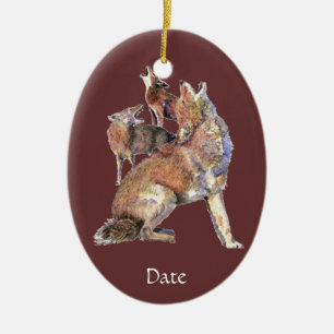 Custom Dated Watercolor Howling Coyotes Animal Ceramic Ornament