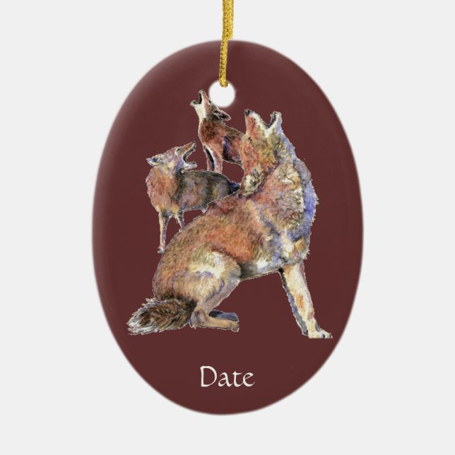 Custom Dated Watercolor Howling Coyotes Animal Ceramic Ornament (Front)