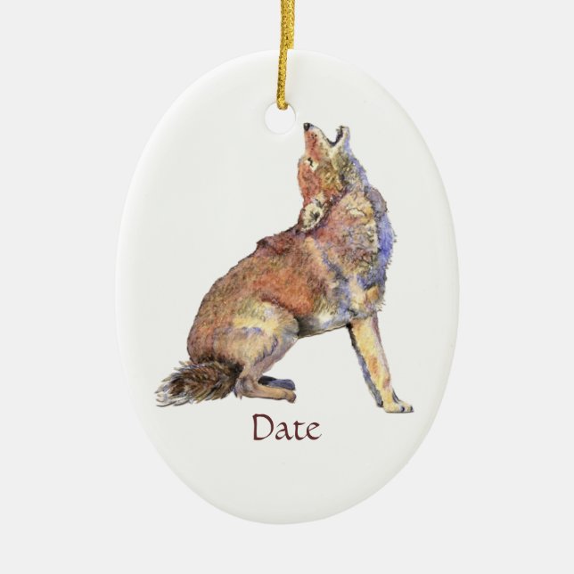 Custom Dated Watercolor Howling Coyotes Animal Ceramic Ornament (Front)