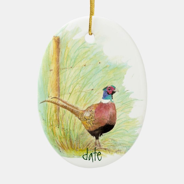 Custom Dated Watercolor Pheasant, Bird Animal Ceramic Ornament (Front)