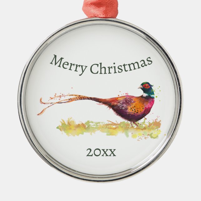 Custom Dated Watercolor Pheasant, Bird Animal   Metal Ornament (Front)