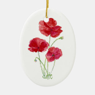 Custom Dated, Watercolor Red Poppy Flower Ceramic Ornament