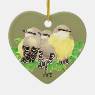 Custom Dated, Western Kingbird, Cuddling Bird Ceramic Ornament