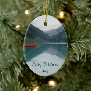 Custom Dated Wilderness Lake Mountain Canoe Boat Ceramic Ornament