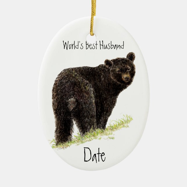 Custom Dated World's Best Husband Black Bear Ceramic Ornament (Front)
