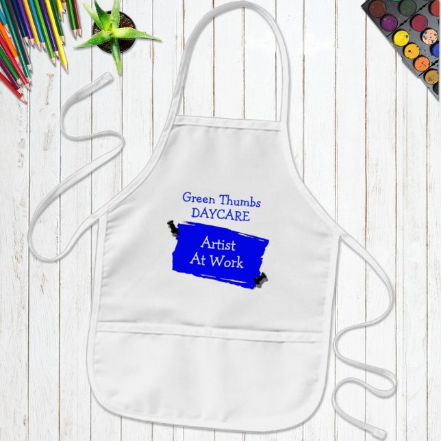 Custom Daycare Artist Blue Scrap Paper Pins Art Kids Apron (Easily personalize this kids apron for a gift or special occasion like art classes. )