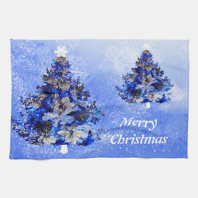 Custom decorated blue christmas tree kitchen towel (Horizontal)