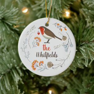 Custom Decorative Robin Botanical Christmas Ceramic Ornament