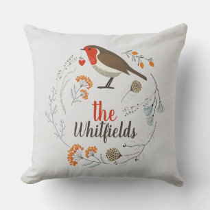 Custom Decorative Robin Botanical Christmas Throw Pillow