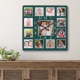 Custom Deep Forest Green 13 Family Photo Collage Square Wall Clock