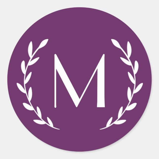 Custom Deep Purple Laurel Monogram Letter Initial Classic Round Sticker (Front)