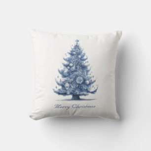 Custom Delft Blue and White Christmas Tree Throw Pillow