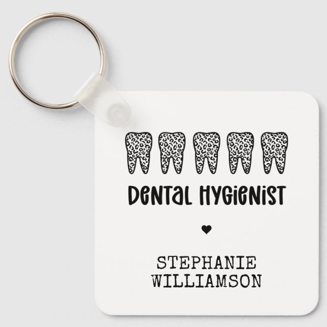 Custom Dental Hygienist Leopard Print Teeth Keychain (Front)