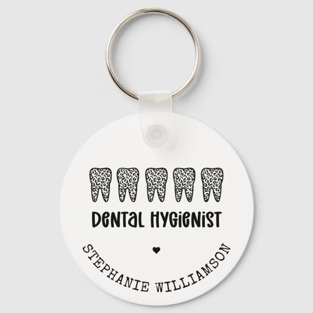 Custom Dental Hygienist Leopard Print Teeth Keychain (Front)