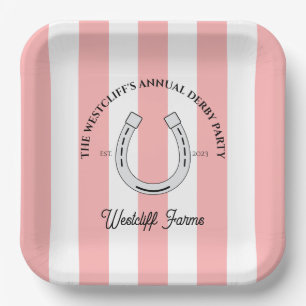 Custom Derby Party Pink Cabana Stripes Horseshoe Paper Plate