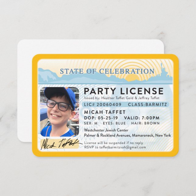 CUSTOM DESIGN Bar Mitzvah New York Party License Invitation (Front/Back)