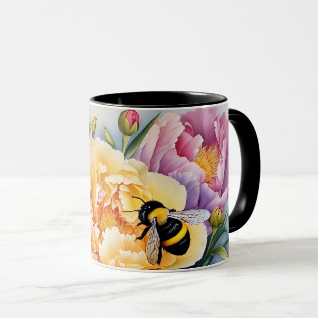 Custom Design Coffee Mug Peonies and the Bee (Front Right)