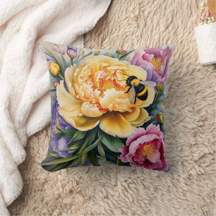 Custom Designed Throw Pillow of Flowers and Bees