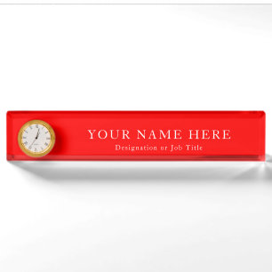 Custom Desk Name Plate in Red with Clock Feature
