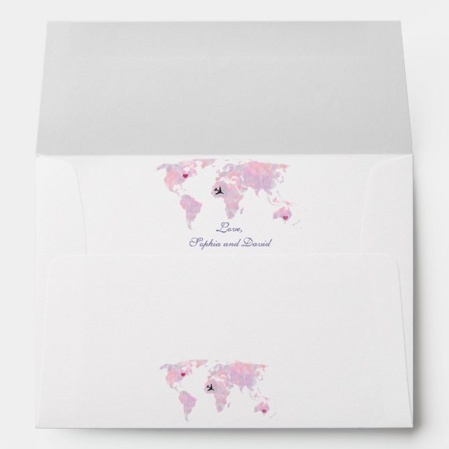 Custom Destination Watercolor World Map Wedding Envelope (Back (Bottom))