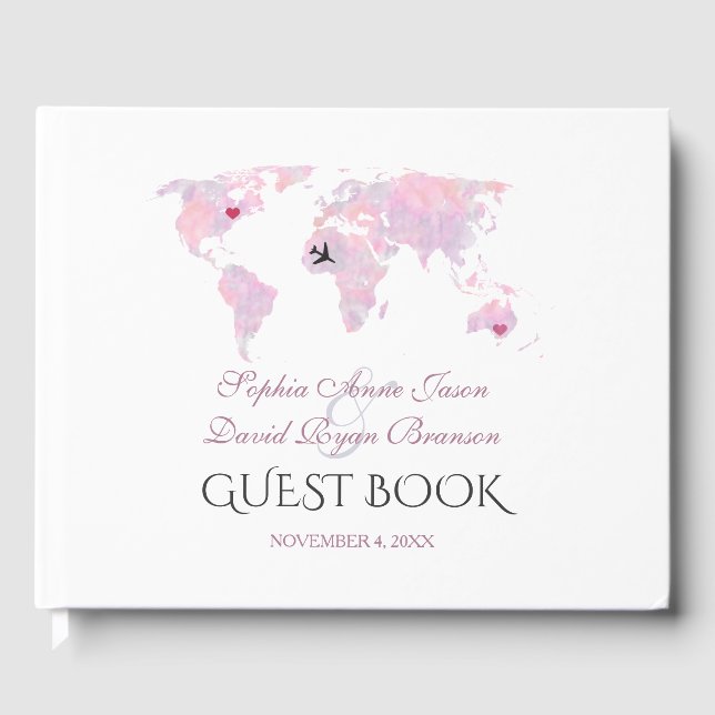 Custom Destination Watercolor World Map Wedding Guest Book (Front)