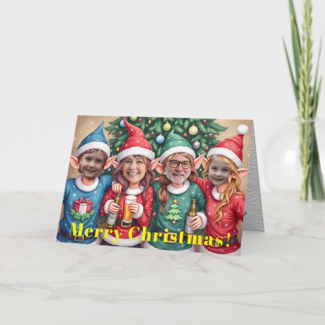 Custom Digital Add Your Face 4 Photo Elves Xmas Card (Front)