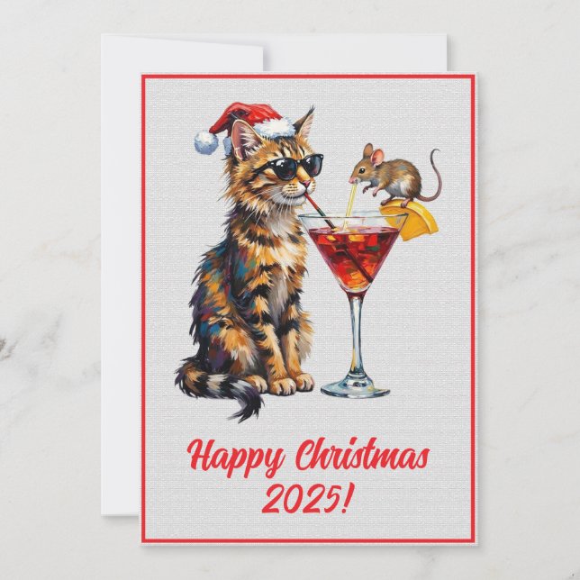 Custom Digital Cat And Mouse Christmas Spirit Xmas Card (Front)