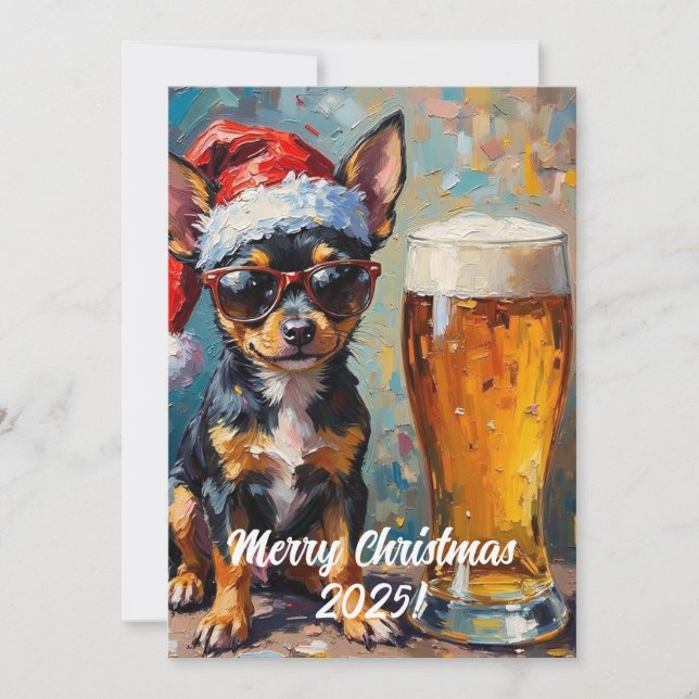 Custom Digital Christmas Chihuahua And Beer Xmas Card (Front)