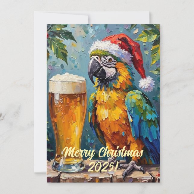 Custom Digital Christmas Parrot And Beer Xmas Card (Front)