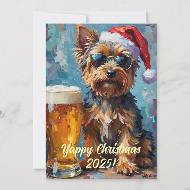 Custom Digital Christmas Yorkie And Beer Xmas Card (Front)