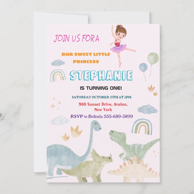 custom dino ballerina ballets birthday party invitation (Front)