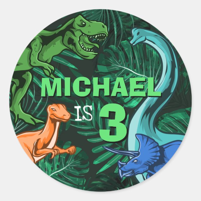Custom Dino Trex Jurassic Boy Dinosaur Birthday Classic Round Sticker (Front)