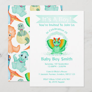 Custom Dino Watercolour Dinosaur Boy Baby Shower Invitation