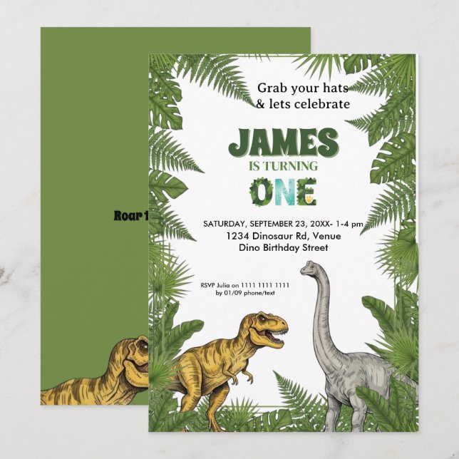 Custom Dinosaur Jungle 1st Birthday Invitation (Devant / Derrière)