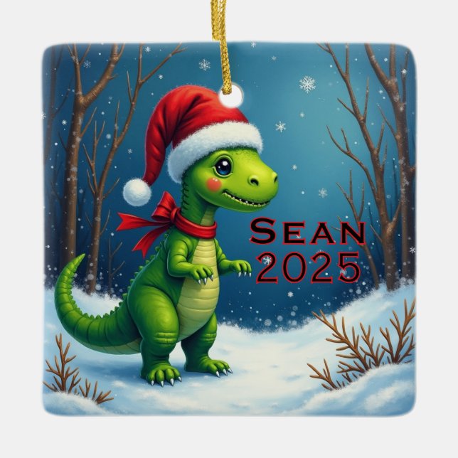 Custom Dinosaur Red Bow Ceramic Ornament (Front)