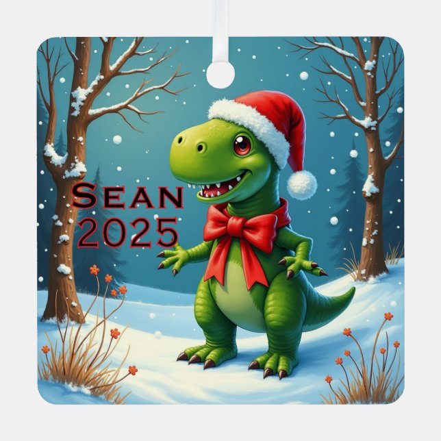 Custom Dinosaur Red Bow Metal Ornament (Front)