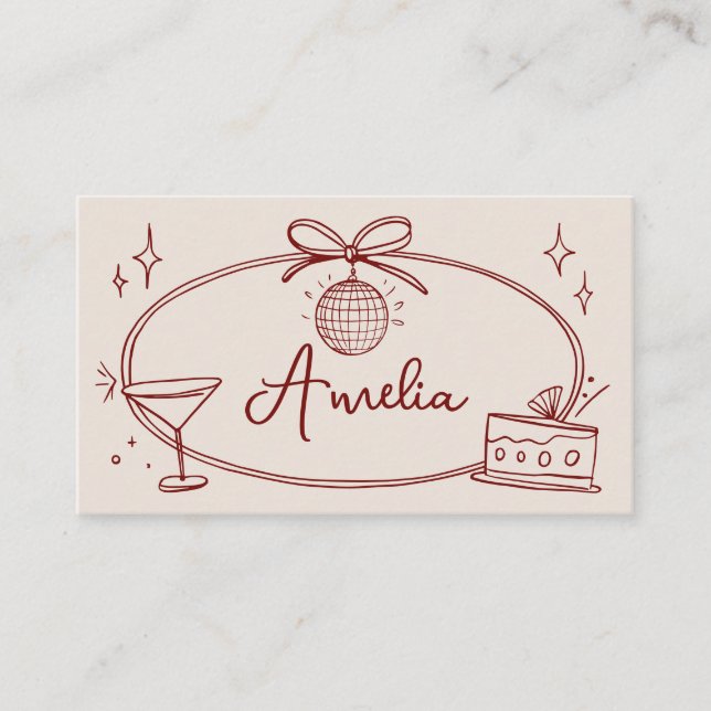 Custom disco bow birthday beige red place card  (Front)