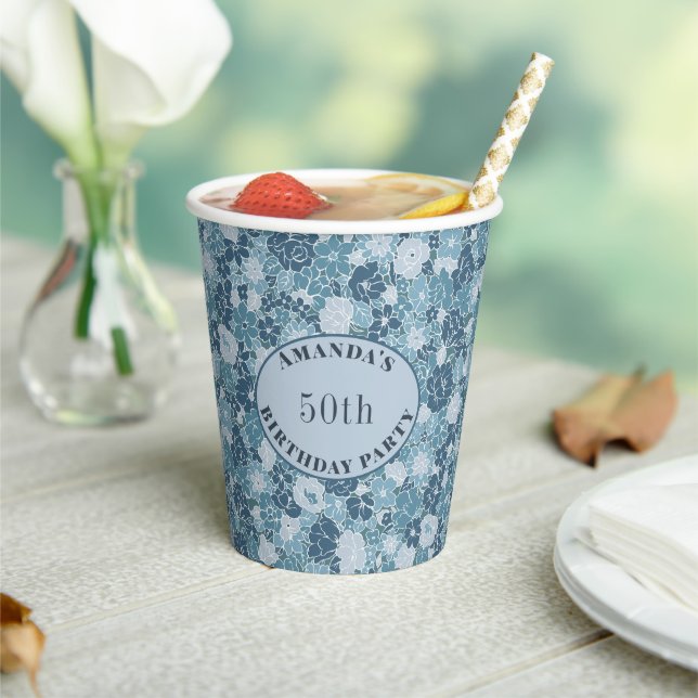 Custom Ditsy Floral Pattern Grey Blue Paper Cups (Insitu)