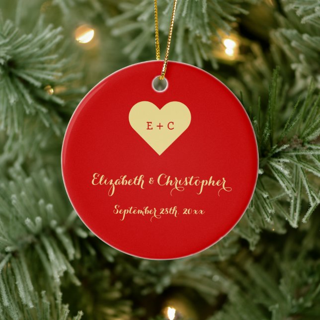Custom DIY Wedding Name Date Heart Monogram Mr Mrs Ceramic Ornament (Tree)