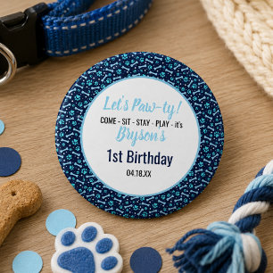 Custom Dog Birthday Blue Paw Print Puppy Pet 1 Inch Round Button