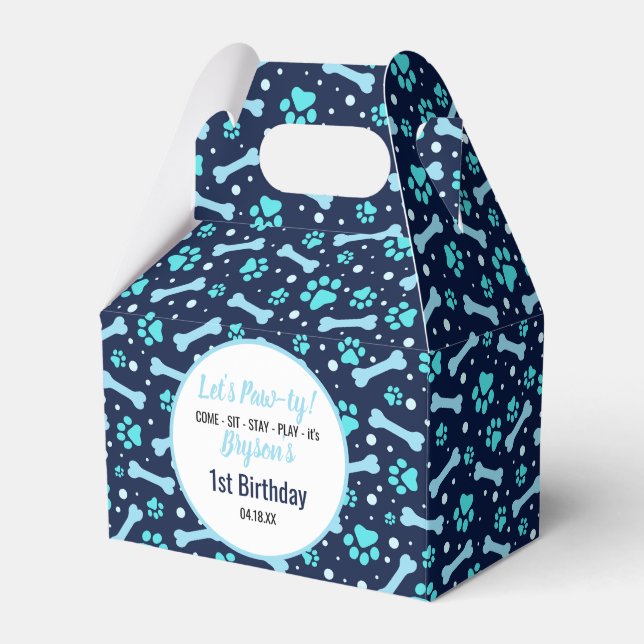 Custom Dog Birthday Blue Paw Print Puppy Pet Favor Box (Front Side)