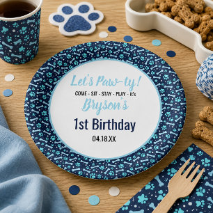 Custom Dog Birthday Blue Paw Print Puppy Pet Paper Plate