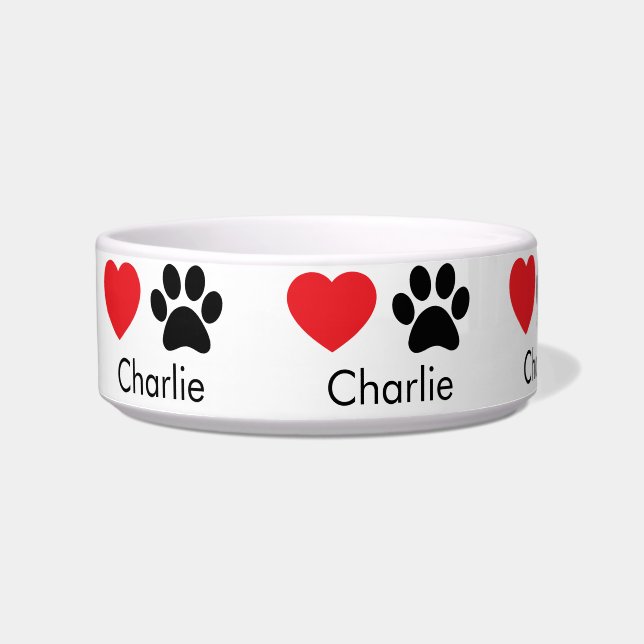 Custom Dog Bowl with Name, Paw Prints & Hearts (Front)