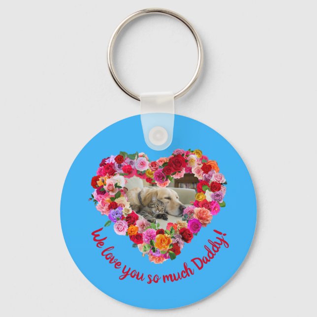 Custom Dog, Cat, Pet Photo Father's Day Rose Heart Keychain (Front)